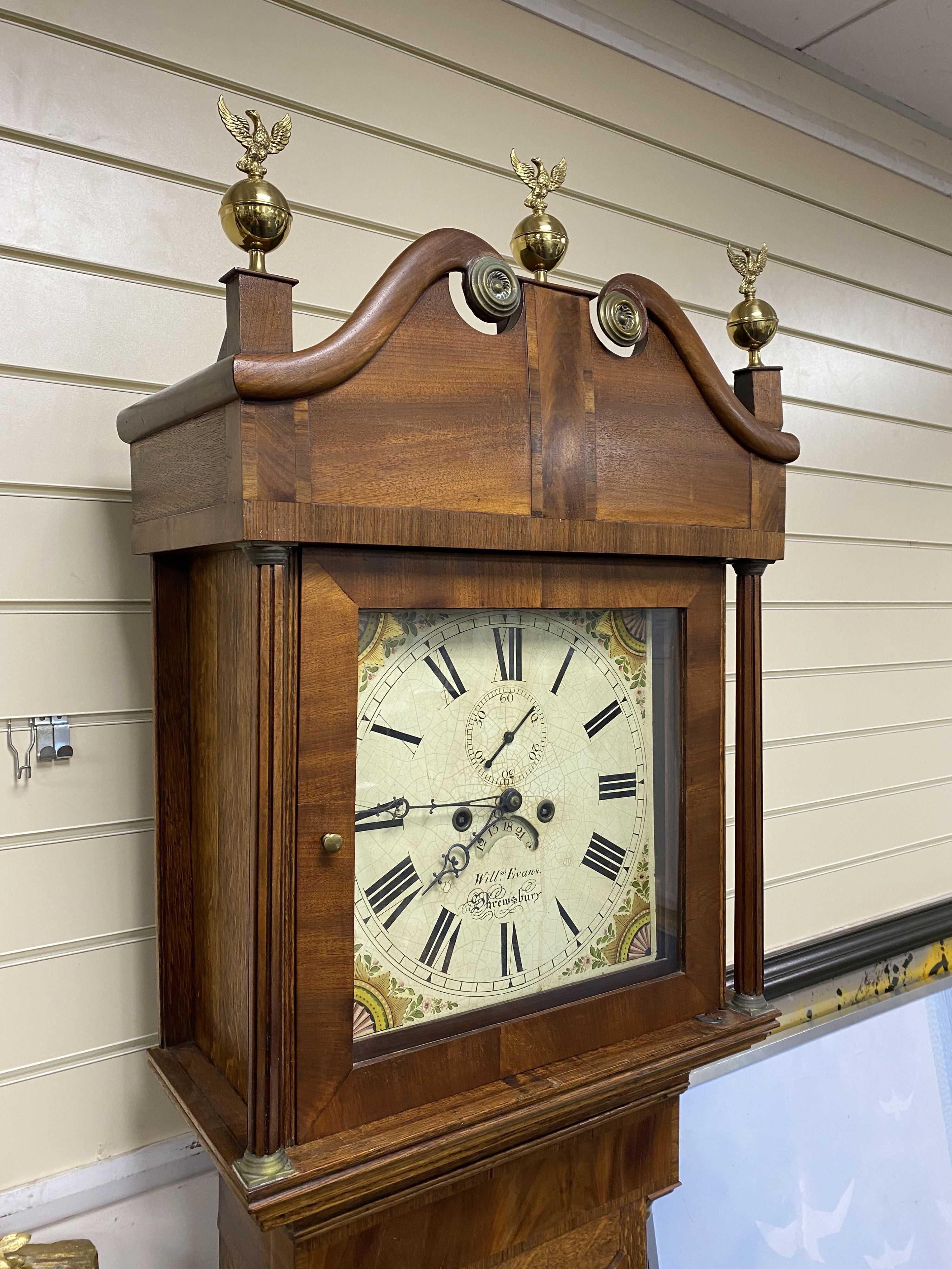 A George III mahogany banded 8-day oak longcase clock, marked William Evans of Shrewsbury, height 216cm